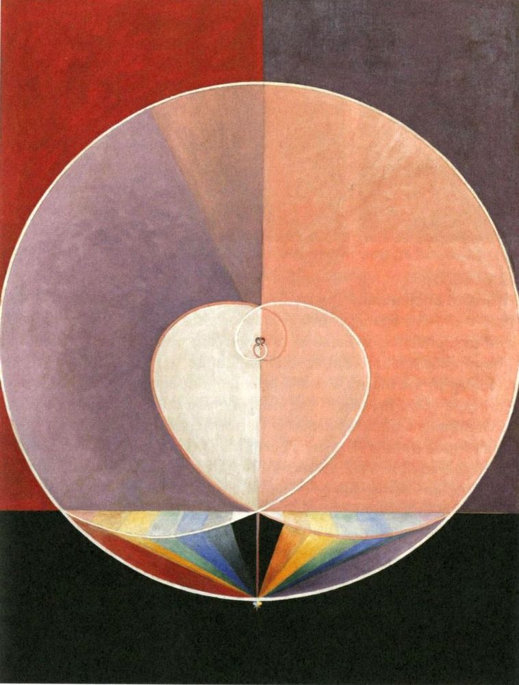 Abstract painting with a central circular  form inside which is a heart shape over a striped rainbow coloured triangular form
