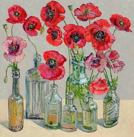 Painting of red poppies in seven  differently shaped clear glass bottles on a shelf or table top