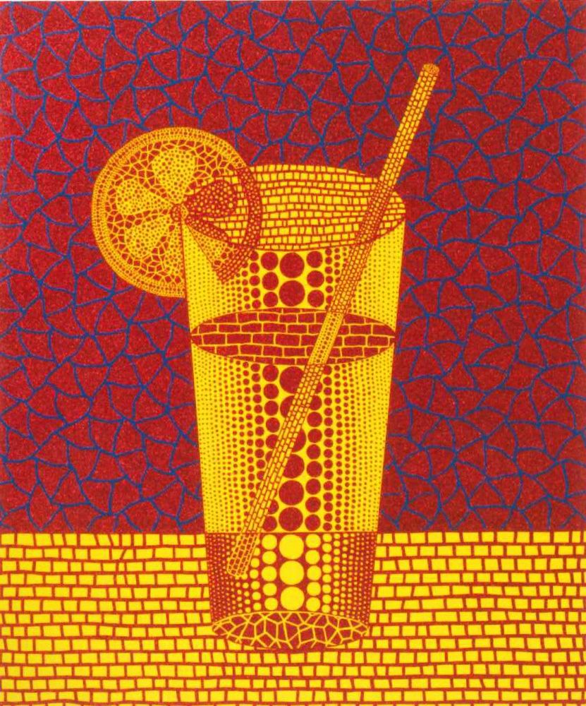 Print featuring a stylised glass of juice with straw and lemon slice against a reddish patterned background 