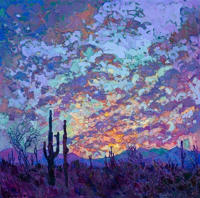 Painting of a desert scene in early evening or morning as the sun sets or is about to rise, large cactis are in silhouettes against distant purple hills and a pinky blue sky speckled with clouds