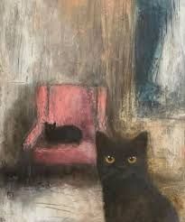 Painting of an interior with two black cats, one lying on a pink armchair and the other sitting in the foreground looking outwards 