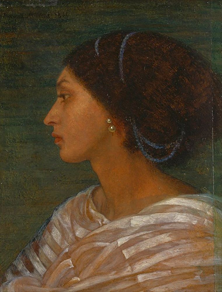 Painting featuring the head and shoulders of a Black woman facing left with hair tied up, earing and silk-like striped white top 
