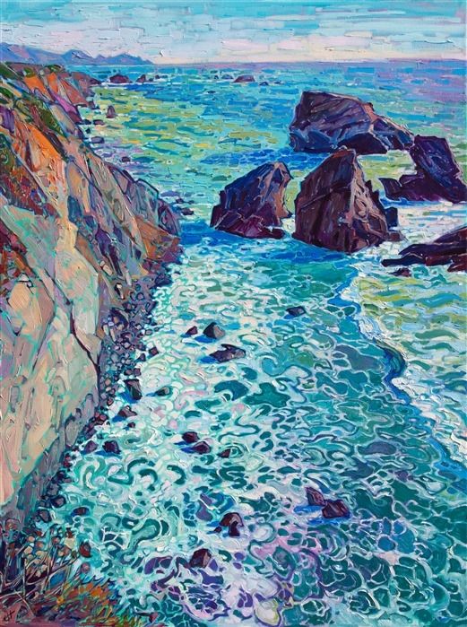 Painting looking down from cliffs to a turquoise seascape with foamy waves and rocky small islands