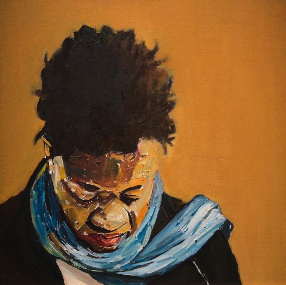 Painting of a Black woman head and shoulders looking down, wearing a blue scarf and black jacket, all against an orange background 