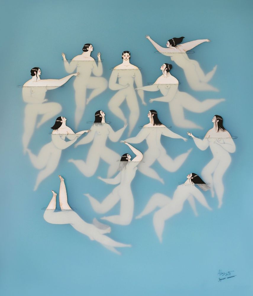Artwork featuring twelve stylised white female figures with dark hair, in a group floating and swiming in blue water 