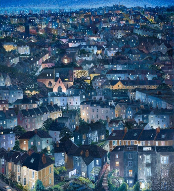 Painting featuring a cityscape crowded with bluish houses illuminated by street lamps