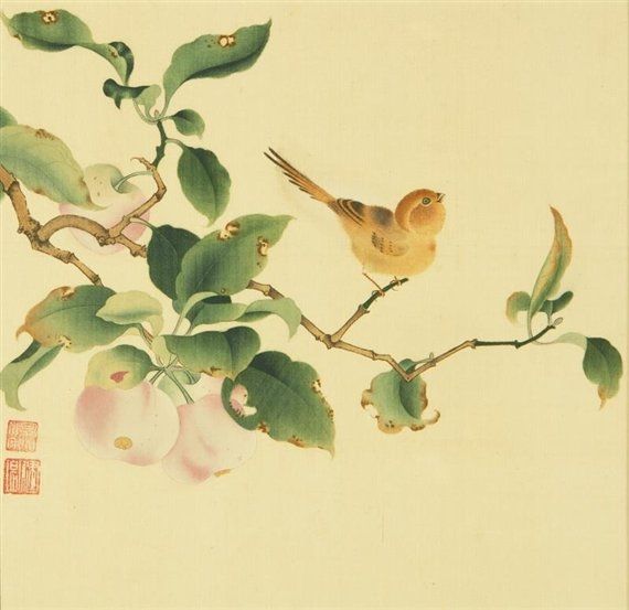 Painting of a small yellow bird facing right on the branch of a tree with pink blossom  against a pale yellow background 