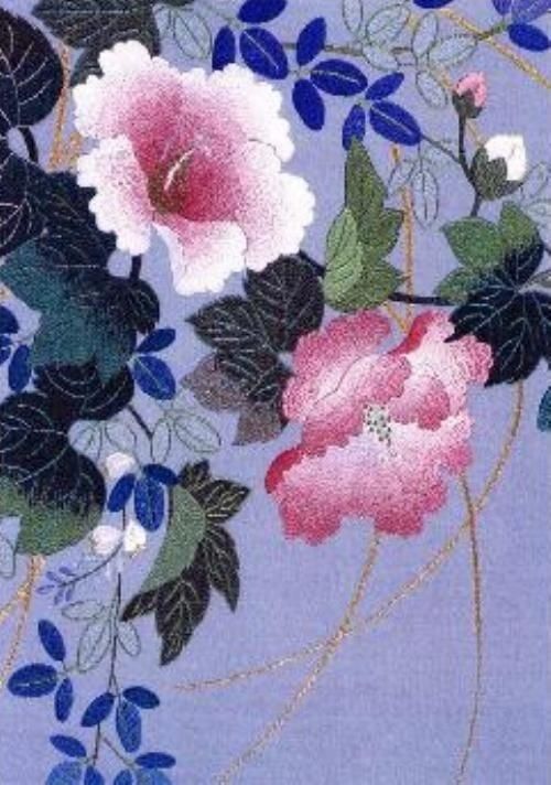 Embroidery with large pink blossoms, blue and green leaves on a light purple background 
