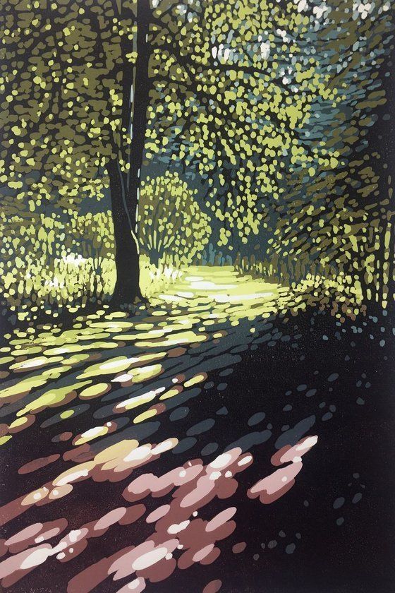 Print featuring a woodland landscape with large tree to the left and path and glade with dappled sunlight and shadow 