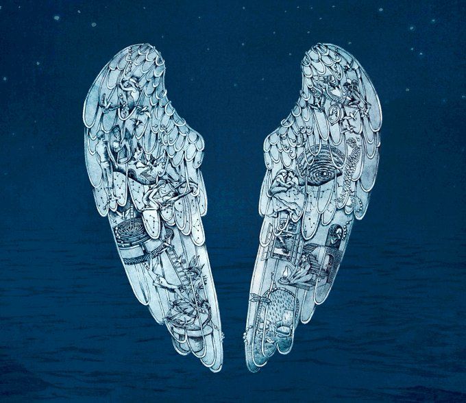 Print featuring a pair of wings with intricate details on them of secret rooms and tiny mysterious figures, suspended in a dark blue sky