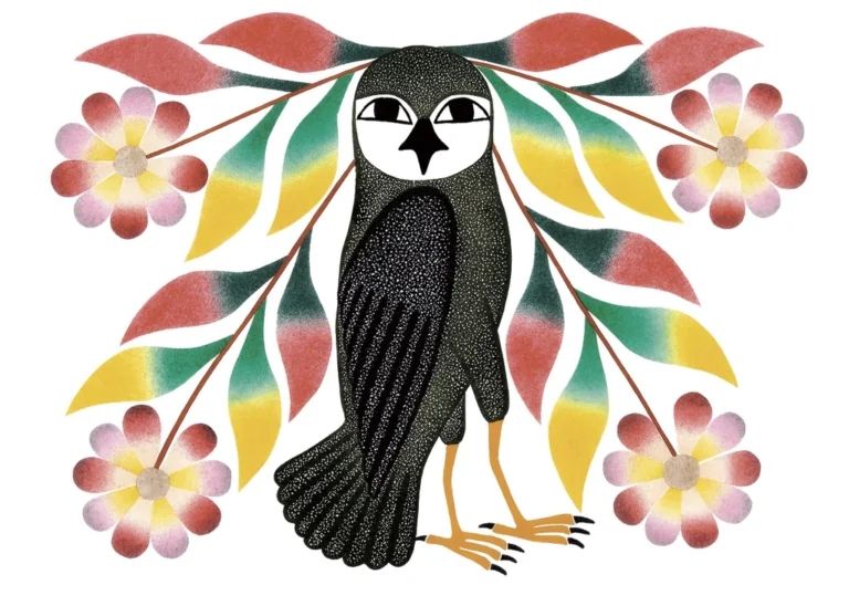 Print featuring a stylised owl looking outwards with multicoloured flowering plants eminating from the bird, against a white background 