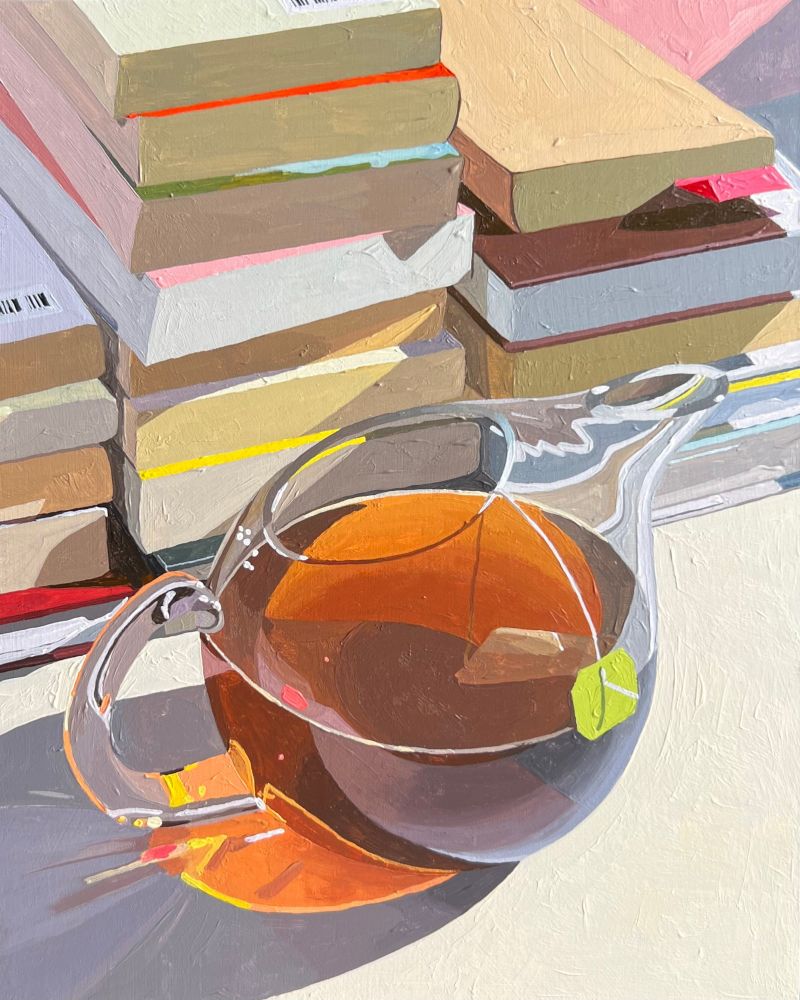 Painting featuring a glass teapot filled with brown liquid on a white surface next to piles of books in rows
