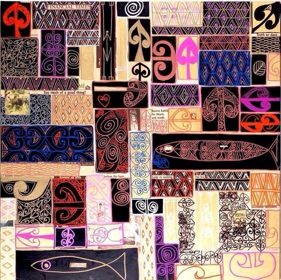 Collage with rectangular ares in different sizes with symbolic images in multicolours 