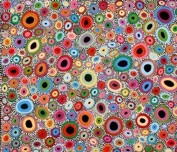 Painting with colourful symbolic flower images as if viewed from above which cover the canvad