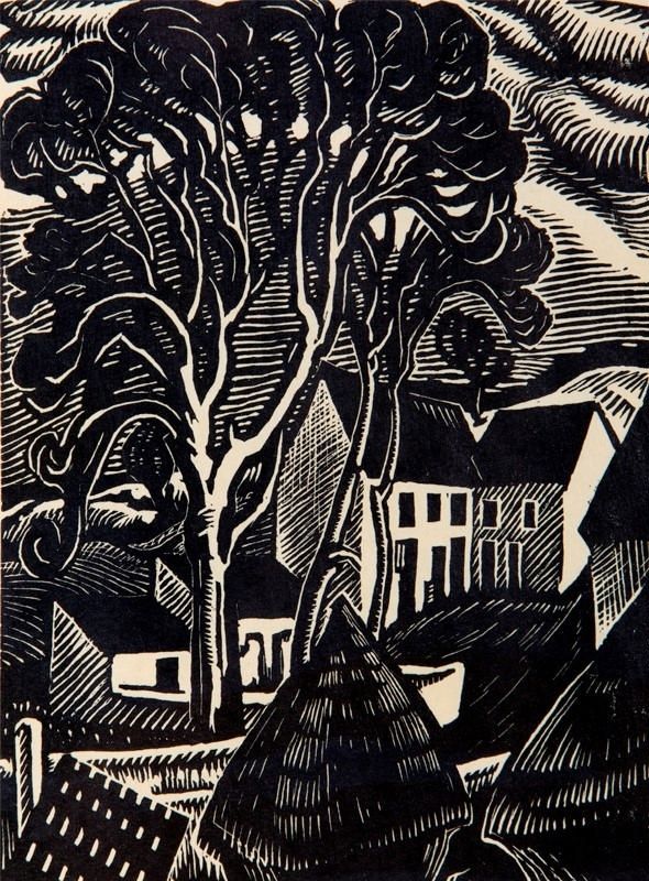 Print in monochrome featuring houses next to a tall tree in a rural setting