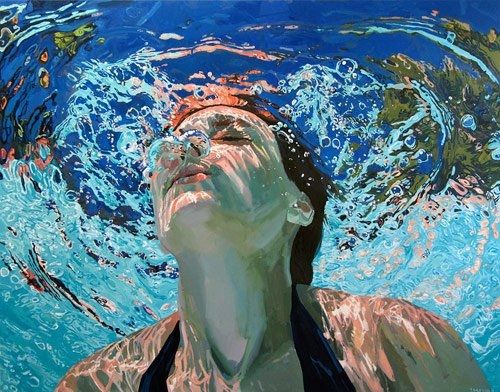 Painting looking up at the head and shoulders of a white woman under the surface of cool turquoise water with eyes closed and bubles coming from her nose as she resurfaces