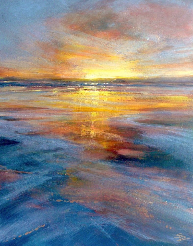 Painting of a golden sunrise or sunset reflecting on a wet open stretch of wet beach