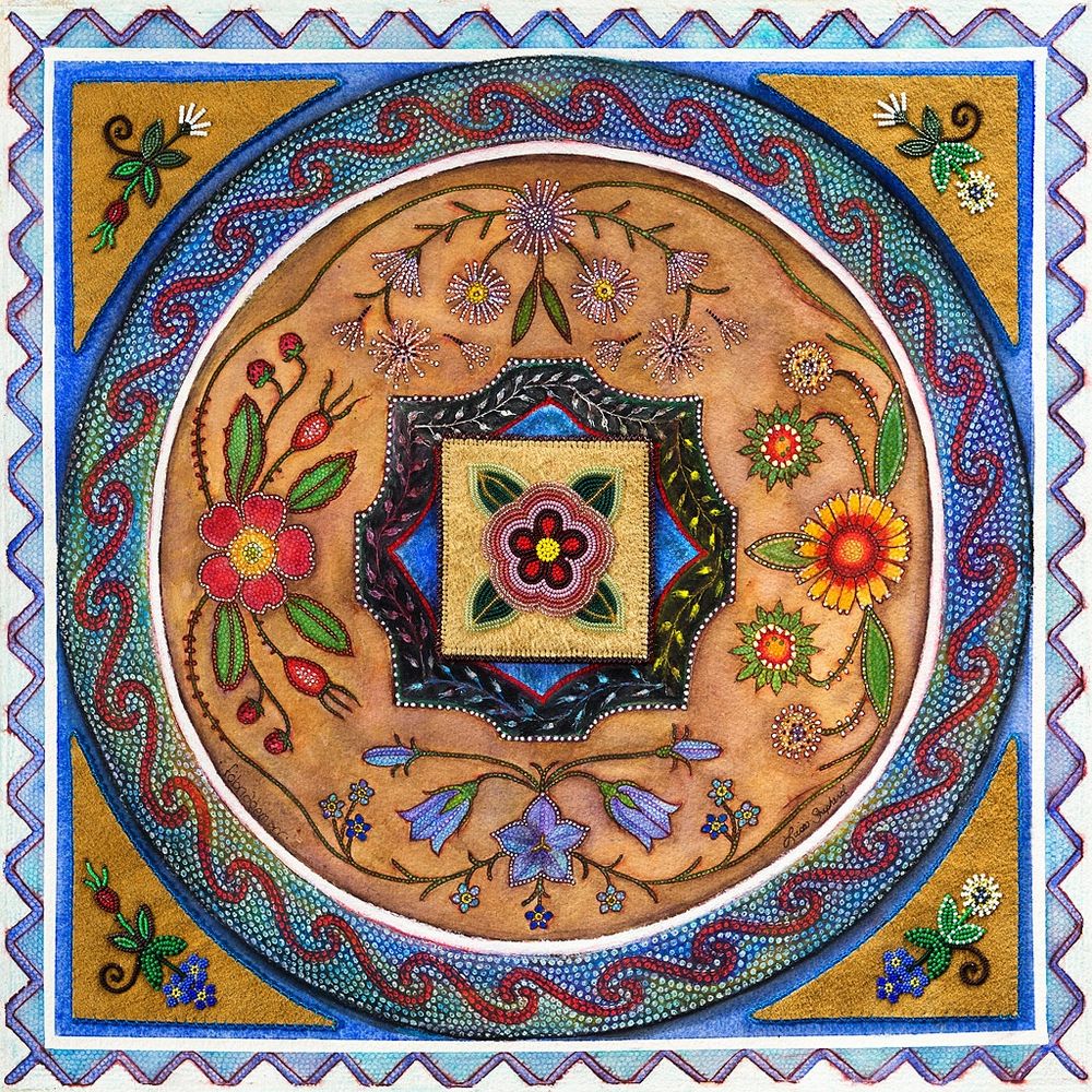 Mixed media artwork with circle inside a square border with wavey edge, in side are floral motifs and a central blossom with five petals