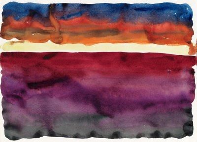 Semi apstract watercolour painting with the dawn represented as horizontal bands of blue orange and gold over purple land