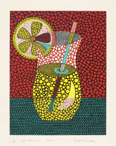 Print featuring a stylised glass of lemon juice with a lemon slice on the side and a straw within the glass, on a green surface with a red background 