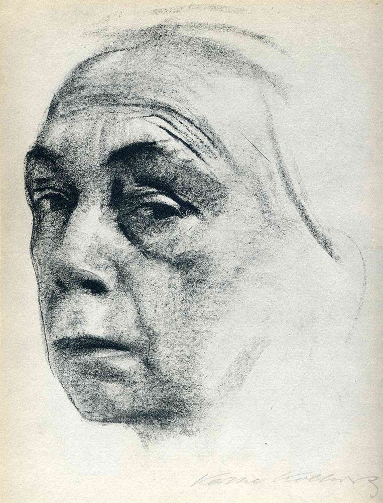 Drawing of tbe face of an older white woman with white hair swept back  facing left and eyes looking out towards the viewer, all on a cream background 