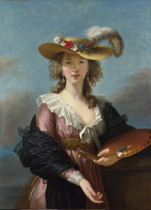 Painting of a standing white woman holding an artist's palette and wearing a straw hat with feather and pink dress with lace collar