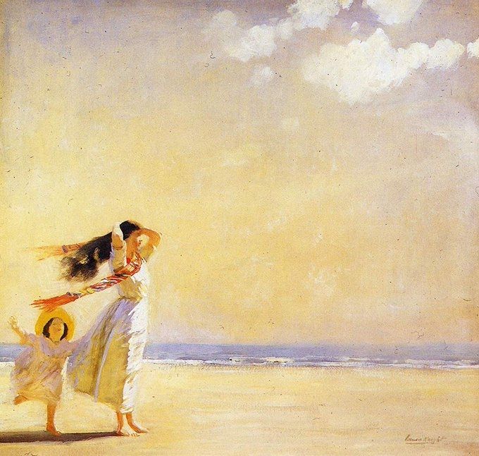 Painting featuring two female figures on the sand of an empty beach by tbe sea, one figure is a small happy looking child with dress and sun hat and the other is an older girl or adult with flowing dark hair and white dress in tbe sea breeze