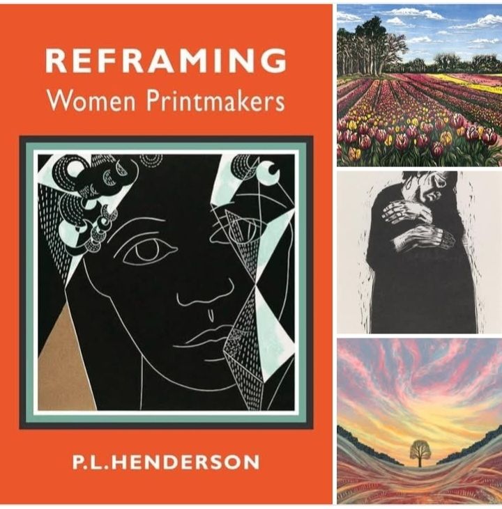 Four images including a book cover in orange and black with a face and text, two landscapes and an image of a woman in black and white