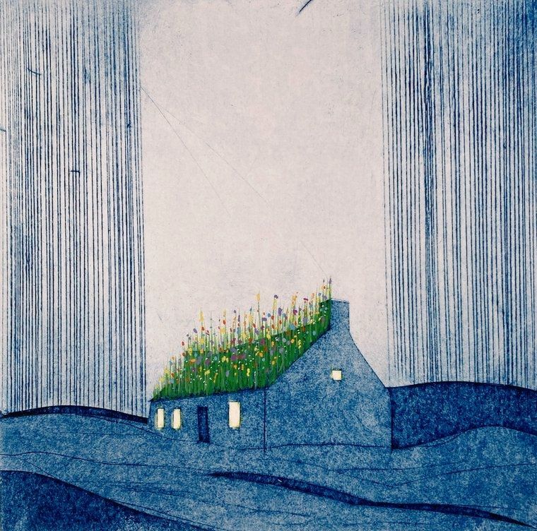 Print featuring a small house, between rain showers, with a grass roof covered in flowers