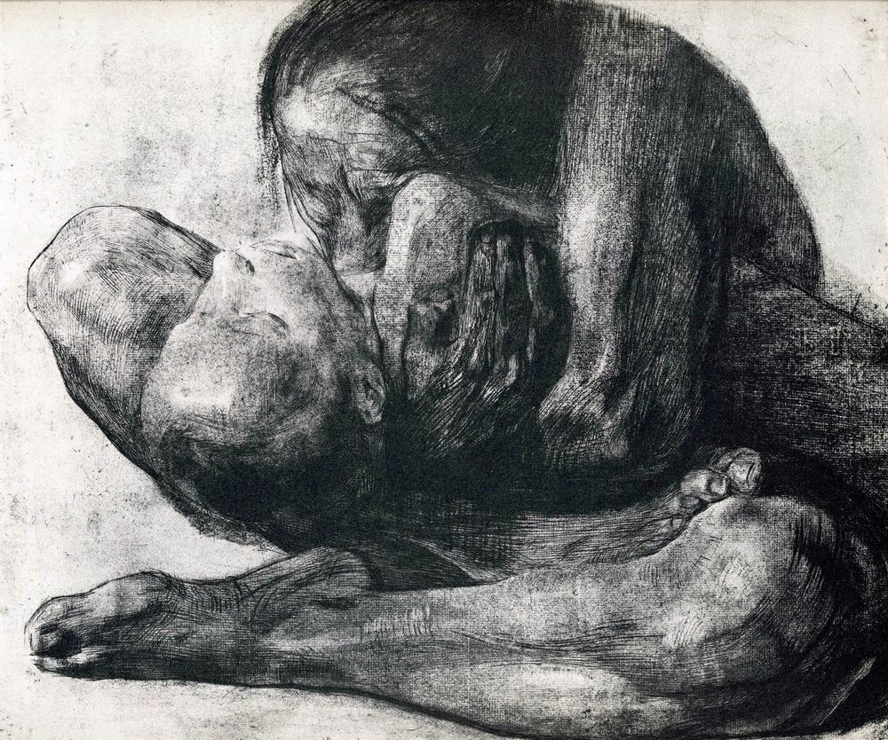 Print featuring a woman sitting on the floor holding and embracibg a child who lolls back in her arms with closed eyes