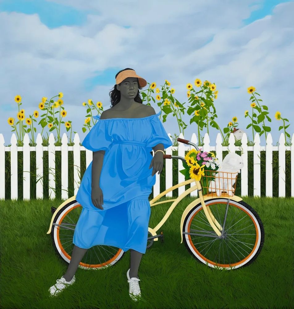 Painting featuring a standing Black woman, in a blue dress and hat, by her yellow bike which stands on grass in front of a white garden fence