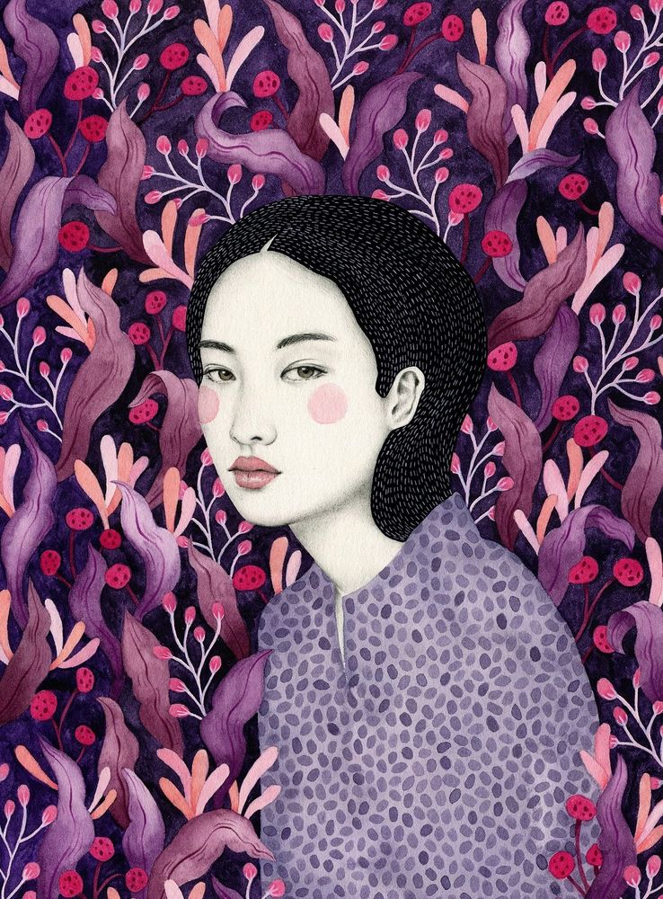 Artwork with head and shoulders of a young woman facing left looking outwards against a pink background with leaf shapes