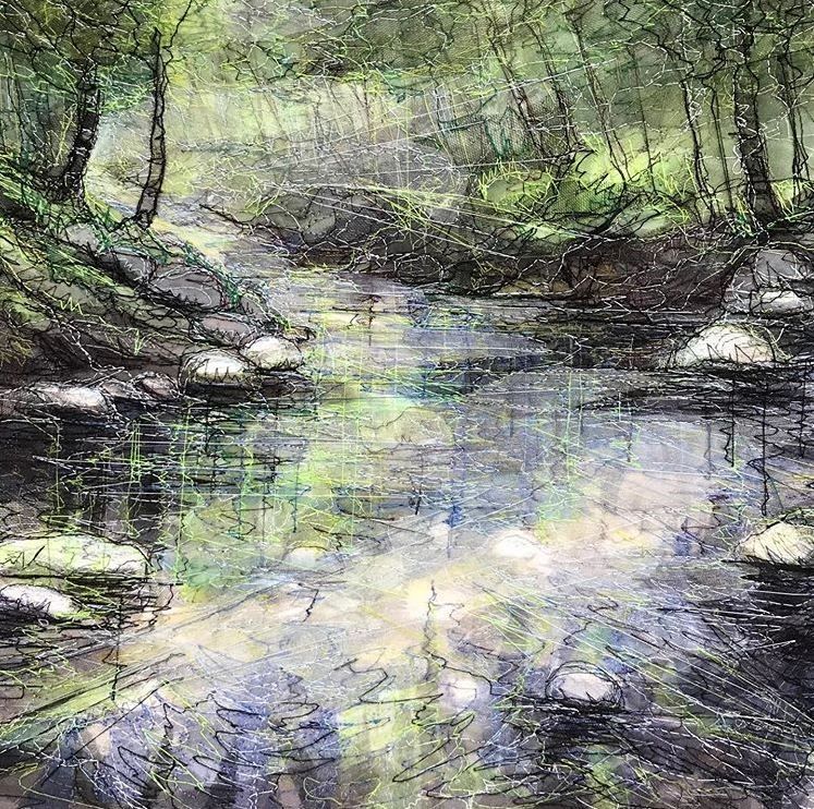 Textile art with image resembling a winding river in a woodland 