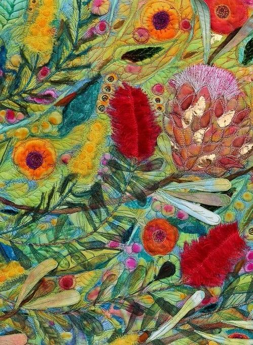 Pictorial textile artwork featuring blossoming plants with different yellow pink and red flowers on curving stems against a green background 