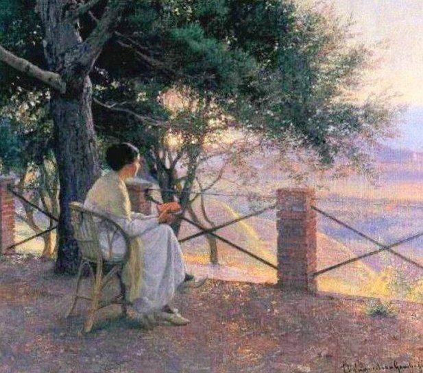 Painting of a white woman sitting in a long white dress on a terrace by a tree at sunrise in early light