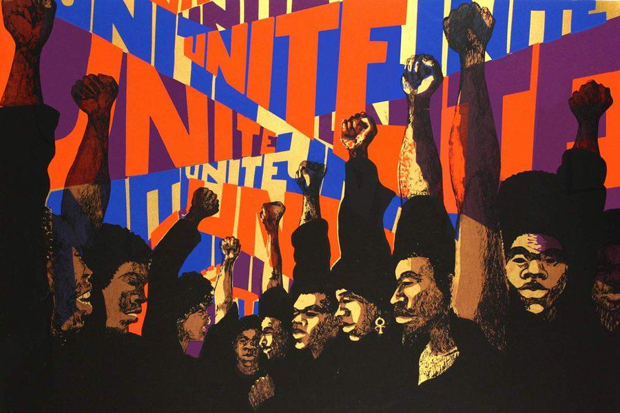 Print showing the upper half of a group of Black activists with fists raised against a backdrop of diagonal text with the repeated word 'Unite' 