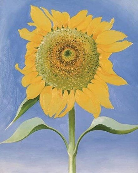Painting of a large yellow flower head with green stem and leaves against a blue sky