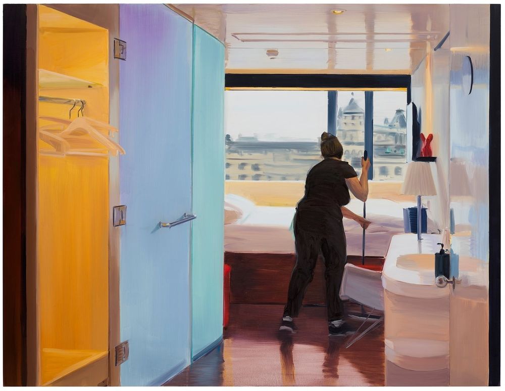 Painting of a woman cleaning a hotel room