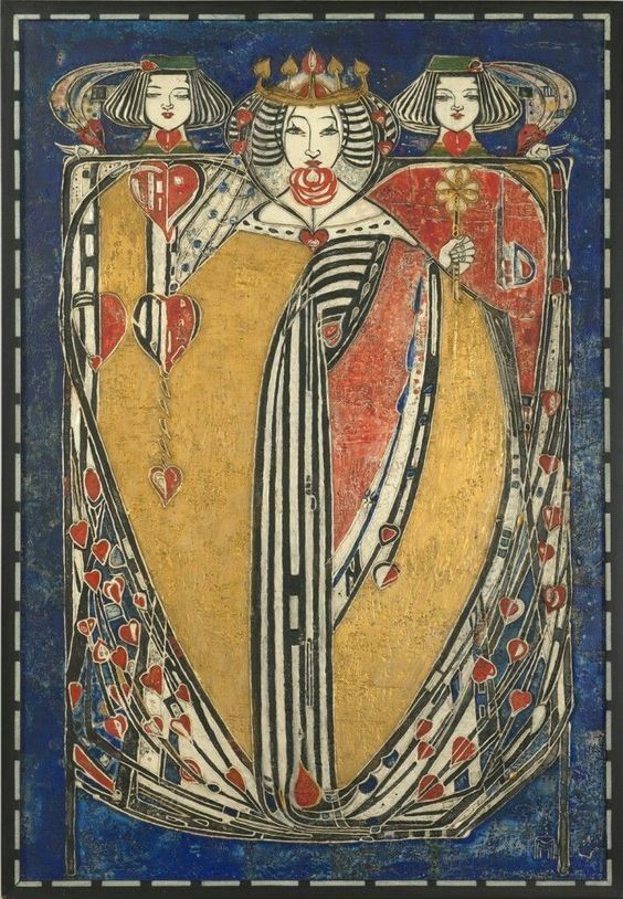 Symetrical artwork featuring a stylised central white female figure wearing an ornate headdress or crown and long robe or cloak in gold and with details of lines and small red hearts on the borders, in front of her chin is a red rose motif and to each side of her head is a small white childish face, all on a dark blue background bordered by a dashed line