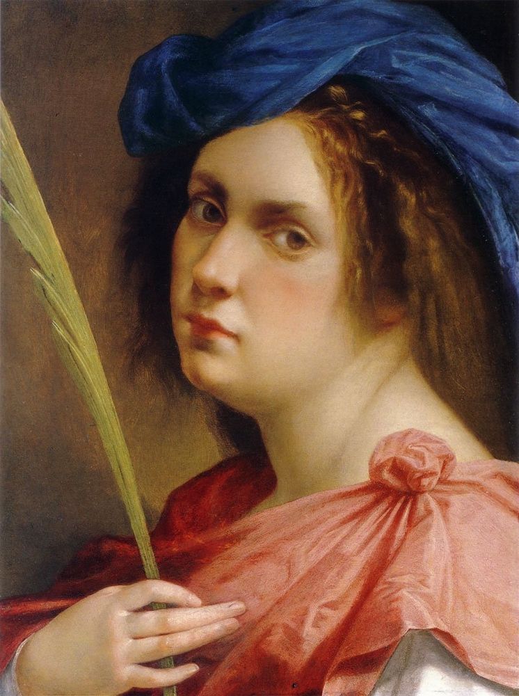 Painting featuring the head and shoulders of a white woman facing left and looking outwards, she wears a blue hat in a turban style Iver dark curly hair and a pinkish cloak and holds a large leaf, feather or quill