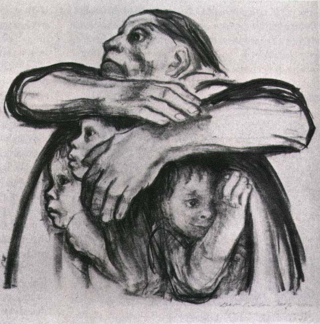 Artwork featuring a woman holding her strong arms over the heads of three young children in protection