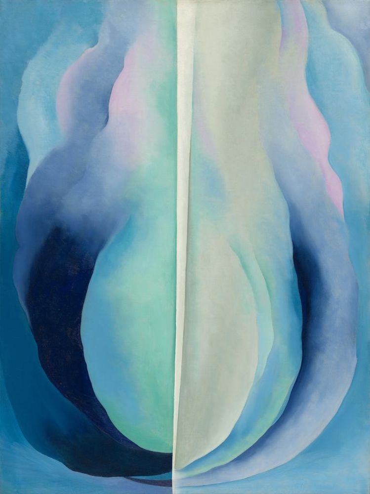 Abstract painting in shades of blue and purple with soft lines flowing upwards from a central base