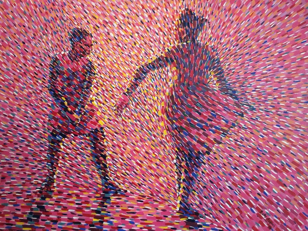 Painting of two young women wearing dresses as if playing or dancing, in movement created by dashes and dots of pink yellow and red paint