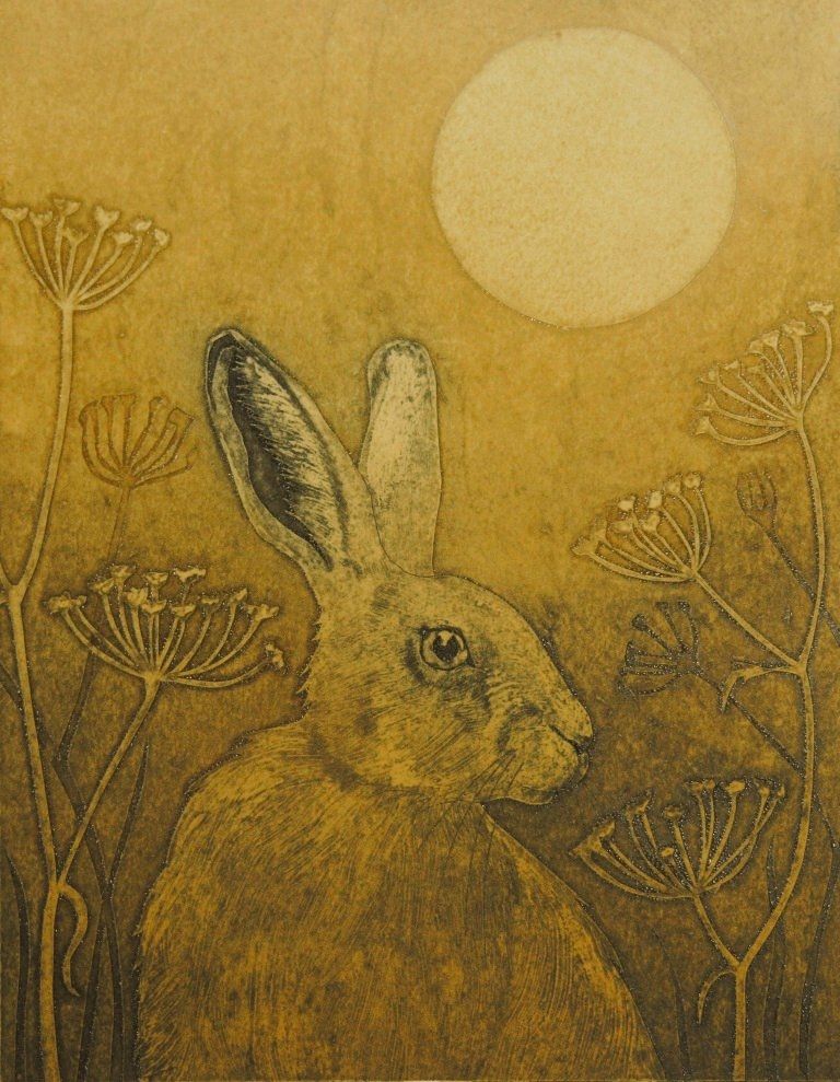 Print featuring the upper half of a rabbit facing forwards head turned to the right among tall grasses in golden light under a yellow sun