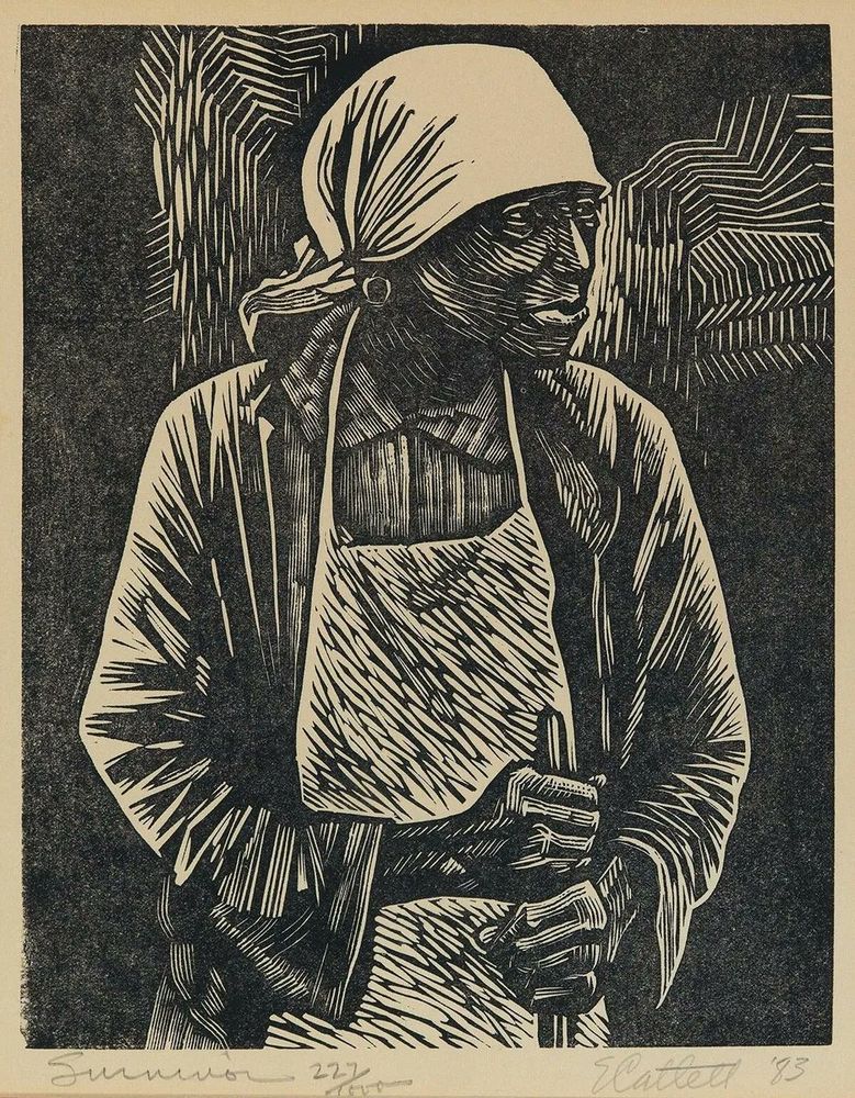 Print in black and white featuring a standing Black woman, upper half, with headscarf, shirt and apron, holding a broom handle