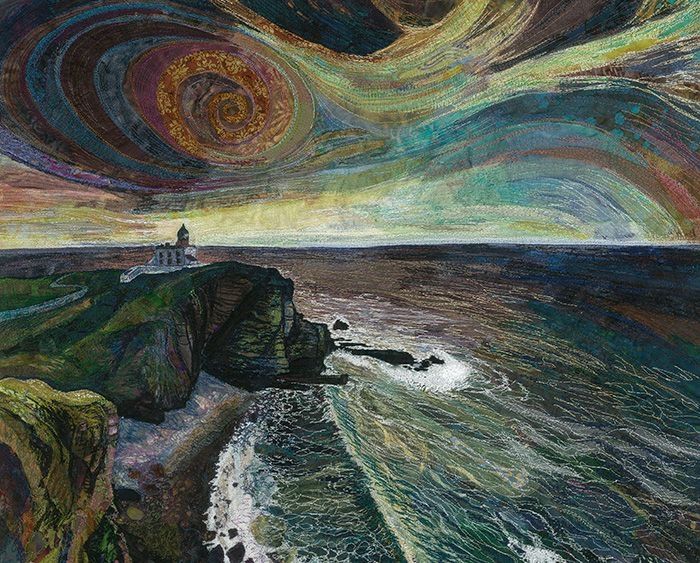 Pictorial textile artwork with scene of a lighthouse on a cliff by the sea under a swirling sky