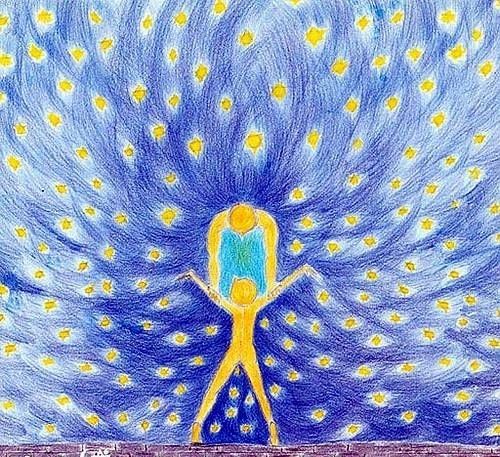 Stylised artwork featuring two yellow figures, one seeming to hold the otber up, surrounded by yellow stars