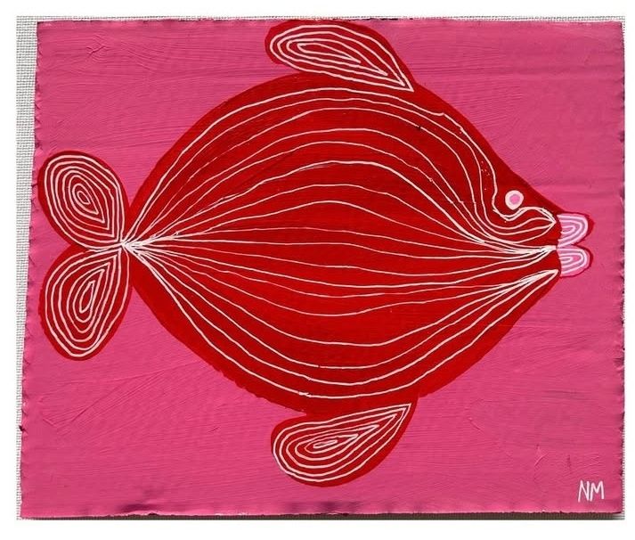 Artwork featuring a round red fish facing right against a pink background 
