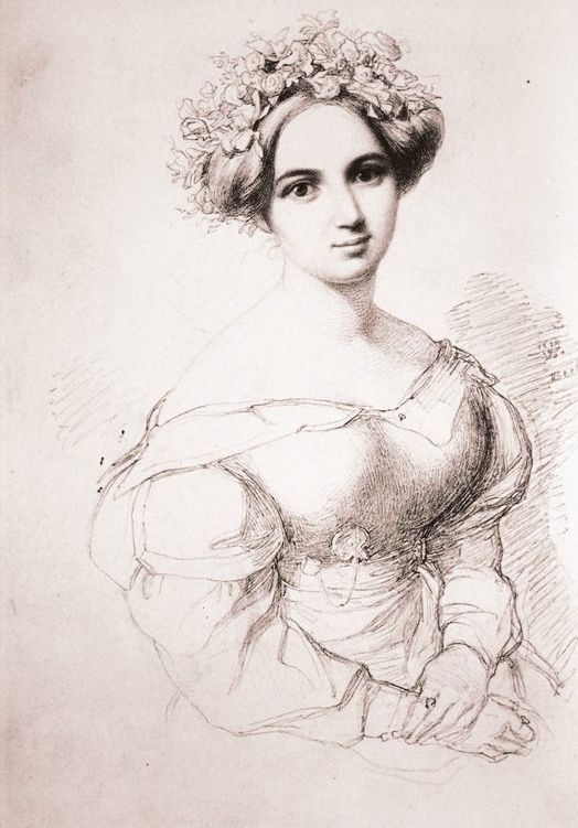 Print featuring the upper half of a white woman in a dress with hair up facing forwards