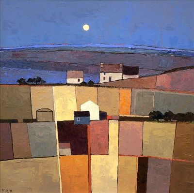 Painting of warm summer evening with patchwork of yellow fields and small houses under a deep blue sky and waxing moon